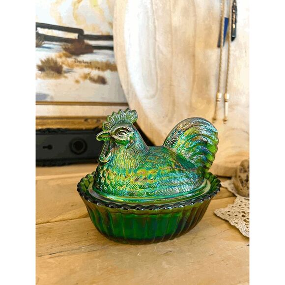 Vintage Westmoreland Mould Hunter Green Carnival Glass Rooster on Nest – Mosser - Picture 1 of 5